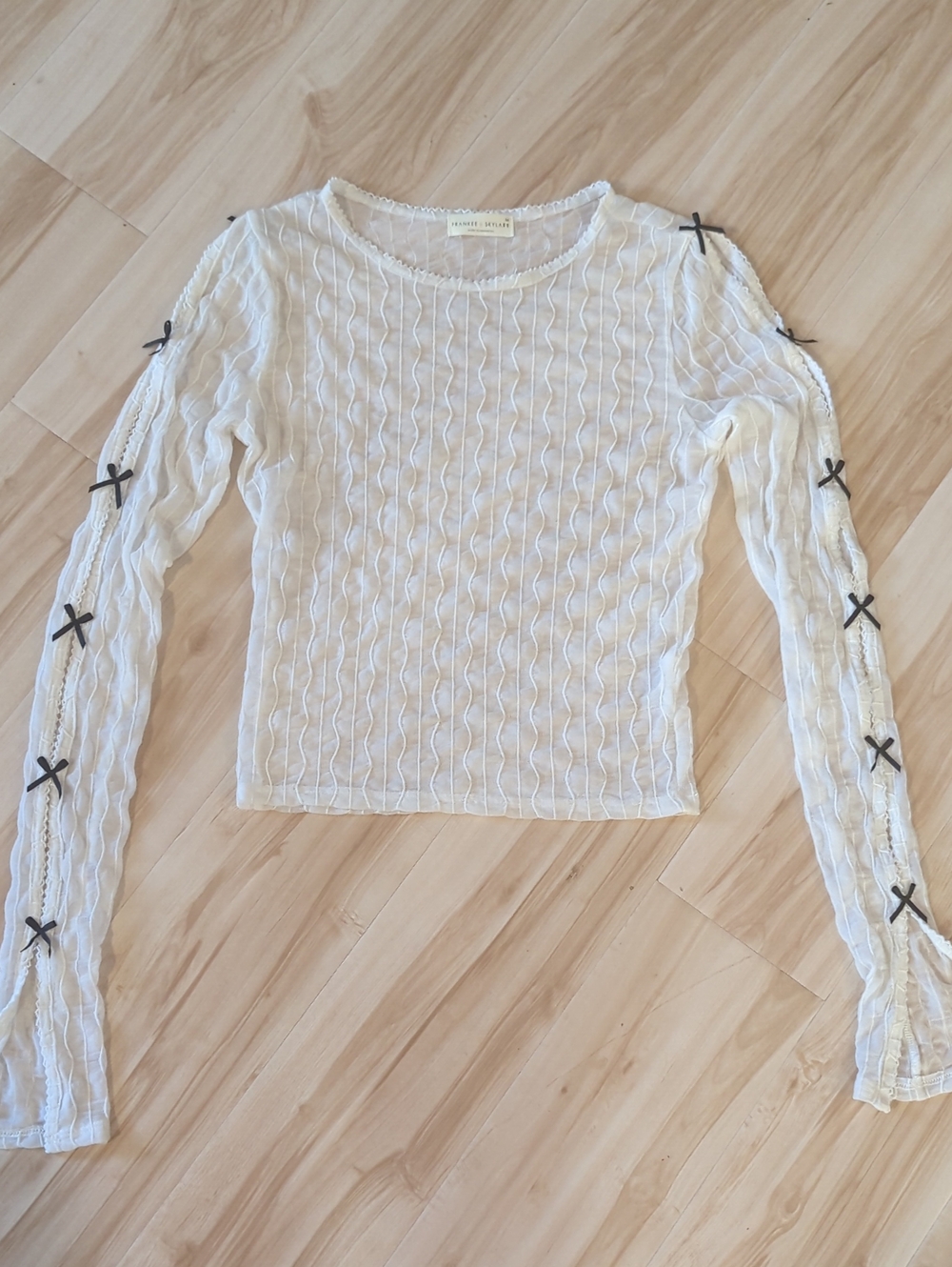 White Sheer Mesh Long-Sleeve Lace-Up Top With Black Peek-a-boo Bows Sz Medium